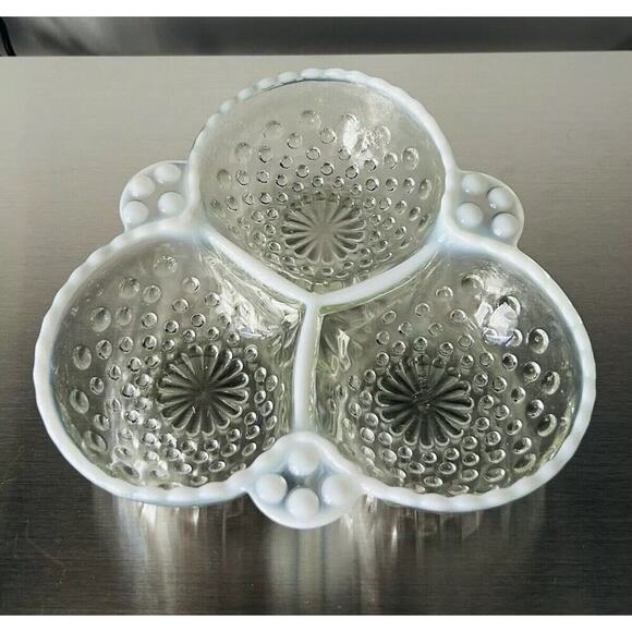 Moonstone Clear Opalescent Anchor Hocking 3 Part Dish Vintage White Trim Bowl - Picture 7 of 10